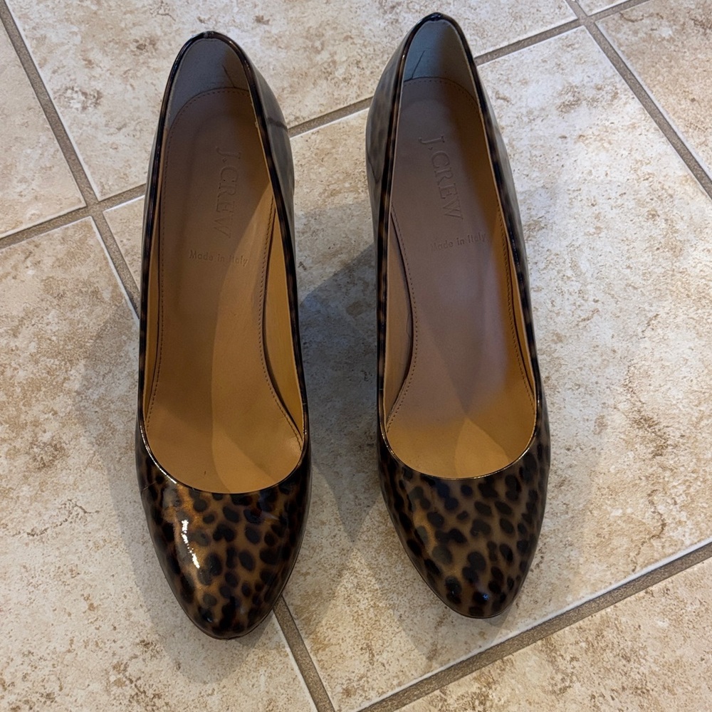 J. Crew Brown Patent Leather Leopard Print Heels. Size 8